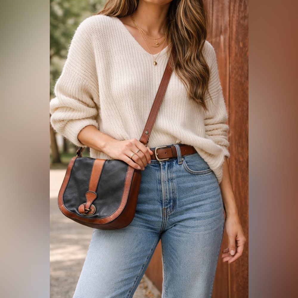 Fossil Leather Saddle Bag Crossbody Brown Black Vintage Boho Western Purse
